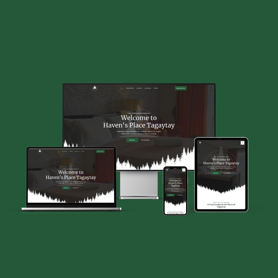 Responsive website mockup for Haven's Place Tagaytay Airbnb shown on desktop, laptop, tablet, and smartphone