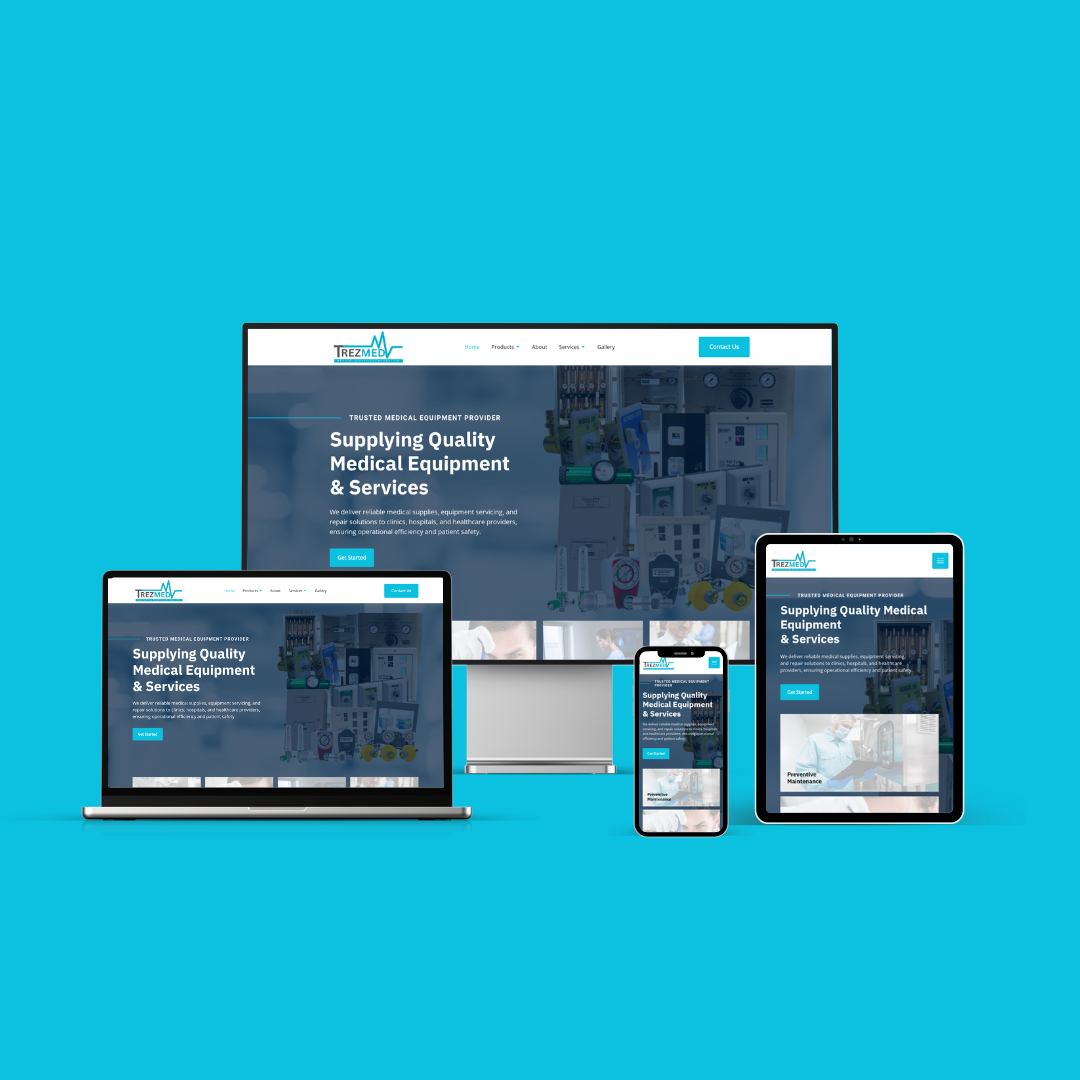 Responsive website mockup for Trezmed Medical displayed on desktop, laptop, tablet, and smartphone