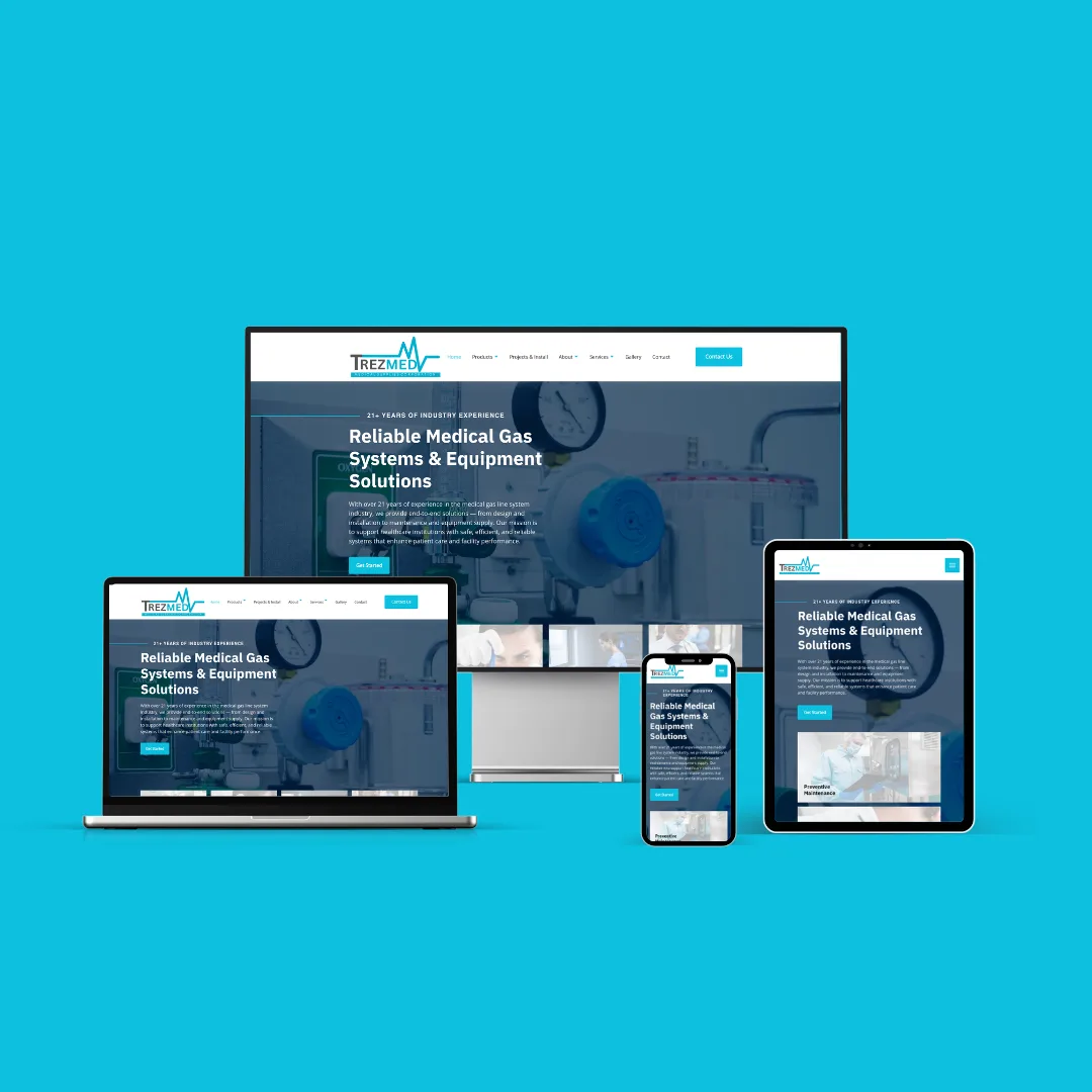 Responsive website mockup for Trezmed Medical displayed on desktop, laptop, tablet, and smartphone